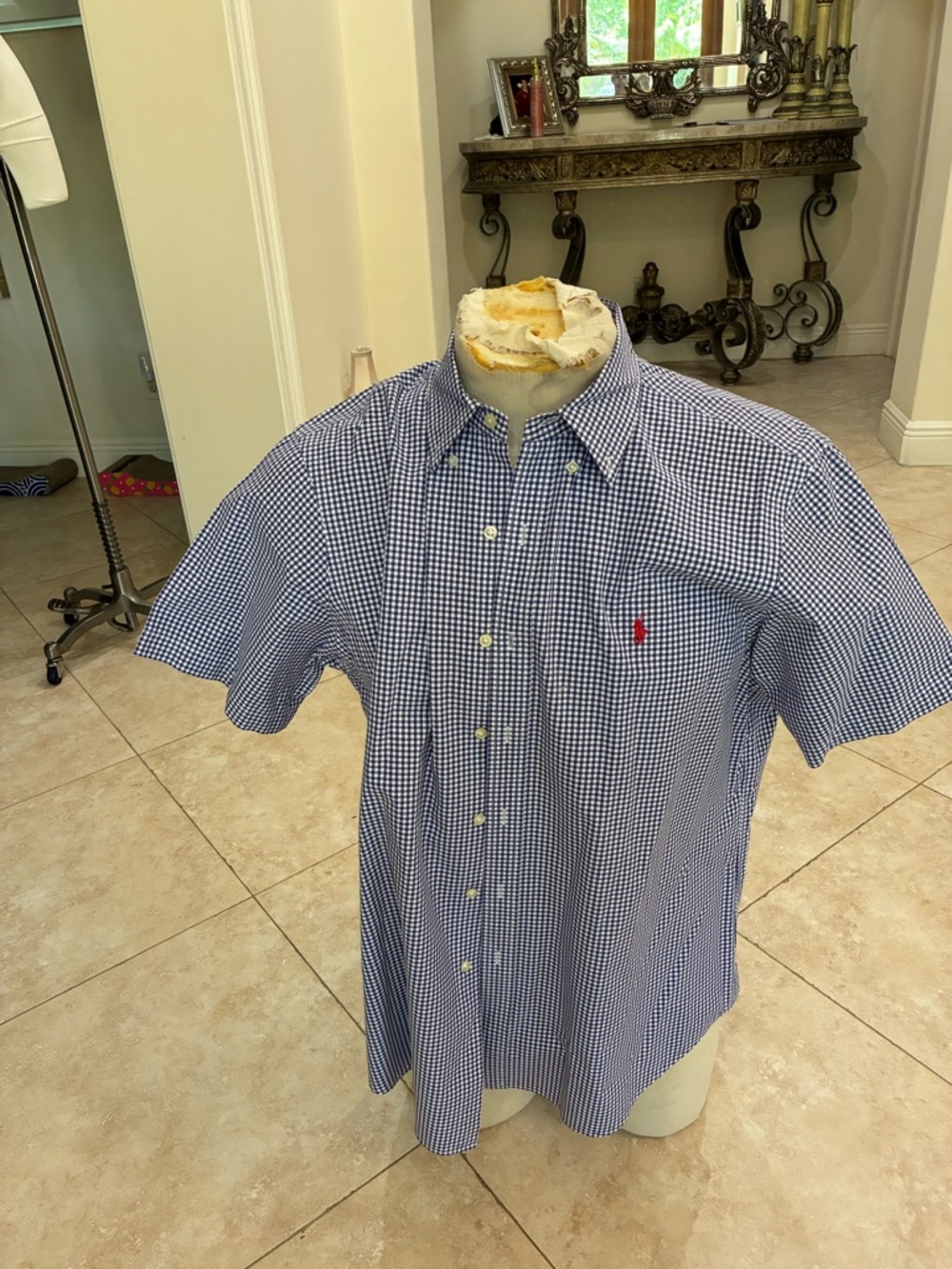 Ralph Lauren Blue and White Gingham Button-Down Shirt with Red Polo Logo